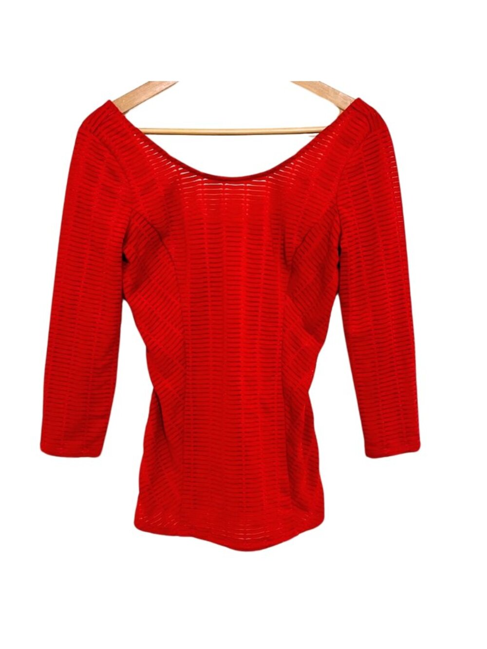 Guess Semi-Sheer Ribbon Mesh Off The Shoulder Red Scoop Back 3/4 Sleeve Top – S